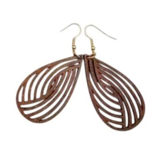 WOOD Cut Out Earrings Filagree Unique Artistic LIGHTWEIGHT Dangle Jewelry - Picture 1 of 3